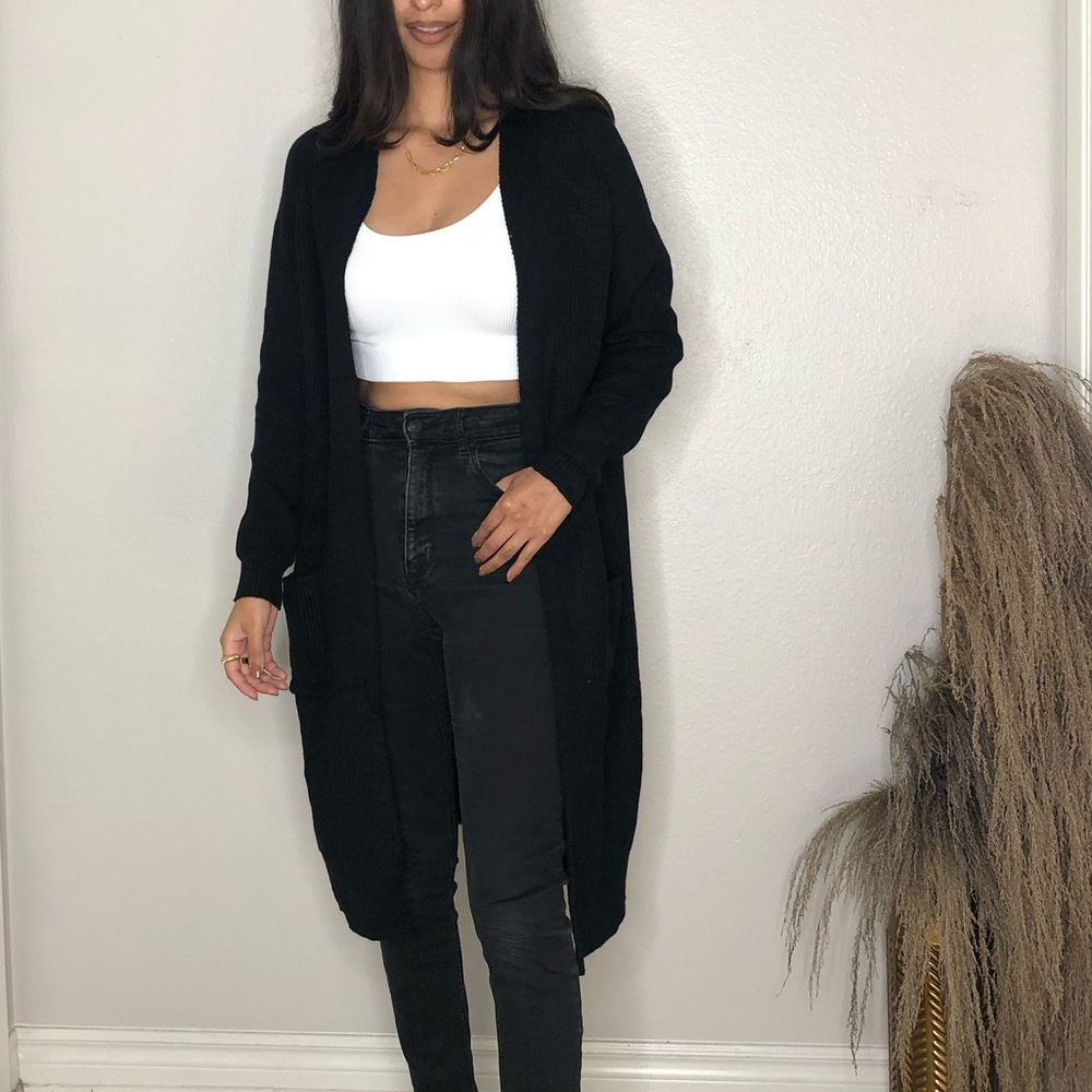 Cozy Black Long Knit Cardigan Sweater Stretchy Form Fitting